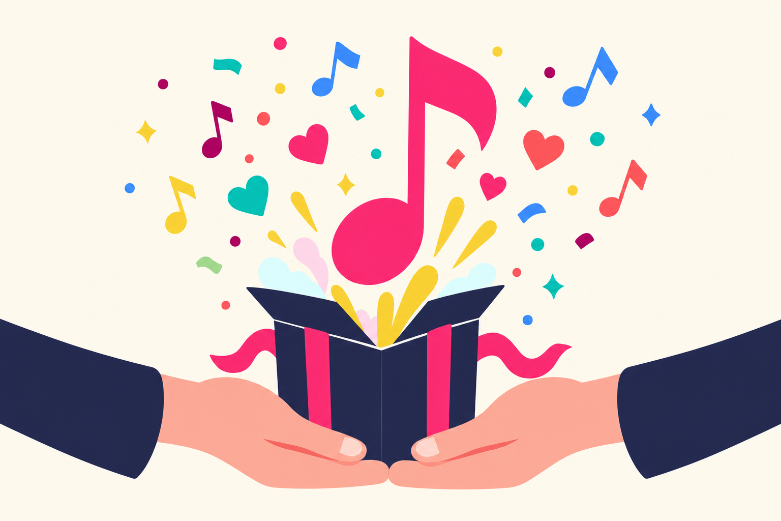 Hands offering an open gift box with a glowing musical note rising out of it